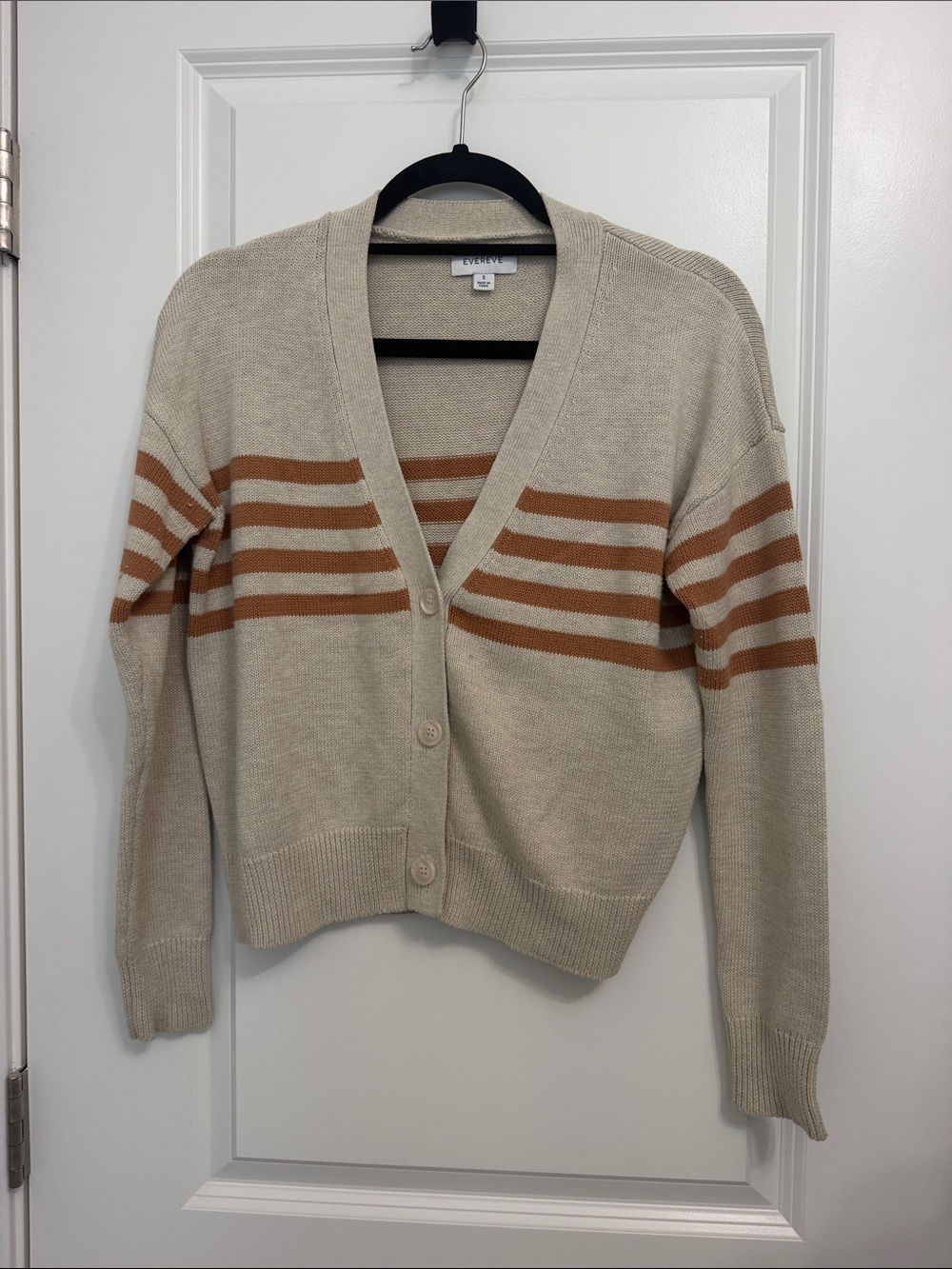 Evereve Cream Cardigan with Pumpkin Orange Stripes